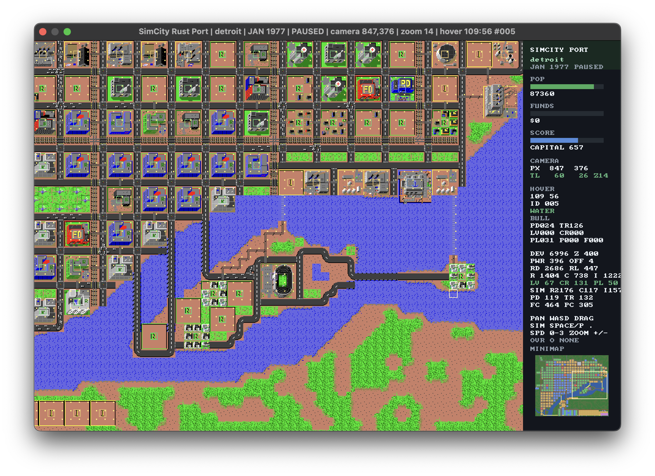 Native SimCity Rust port showing a Detroit city map, diagnostic sidebar, and minimap in a macOS window.
