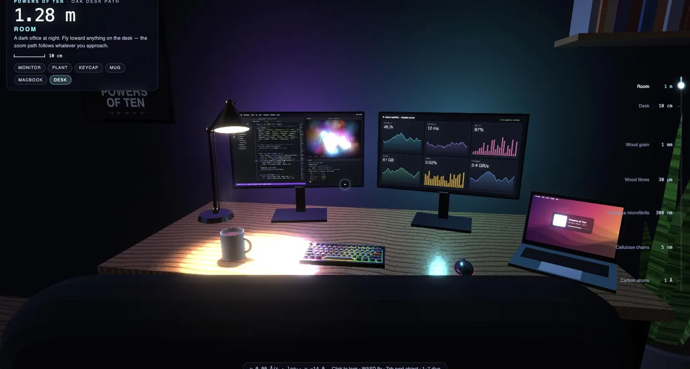 Deep Zoom: a dark home office at night with dual monitors, a desk lamp over a coffee mug, a glowing mechanical keyboard and a MacBook, ready to fly into