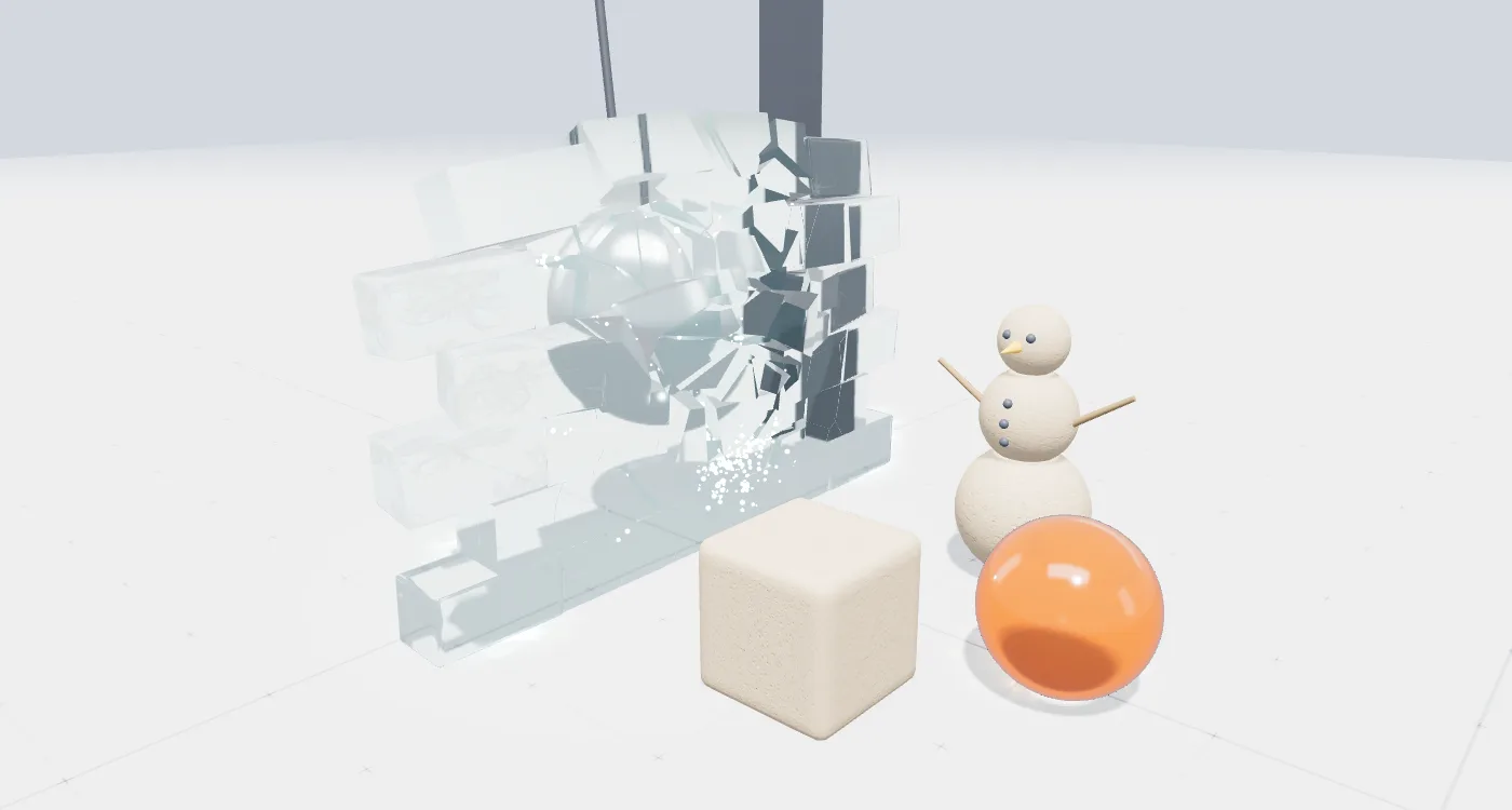 Fling Lab: a steel wrecking ball bursting through a wall of glass bricks while a snowman and a jelly ball look on