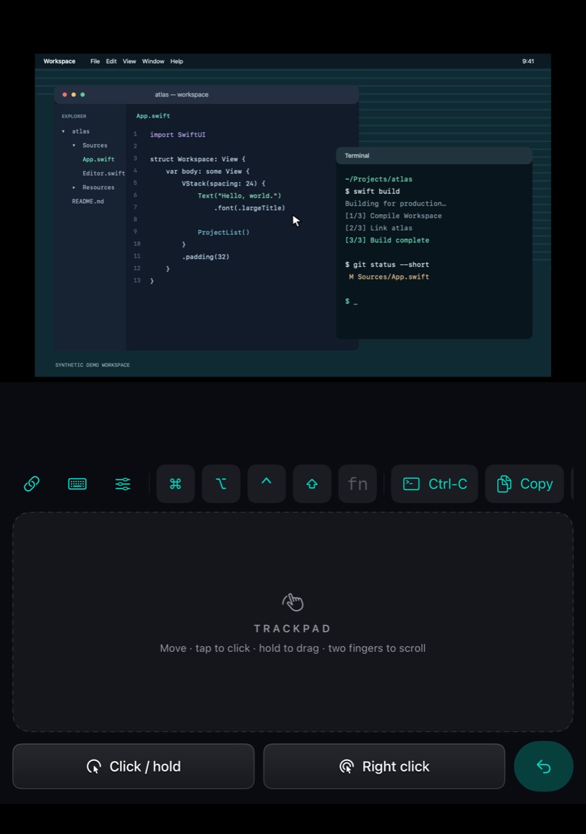 FoldDesk's real interface with a synthetic coding desktop above its trackpad